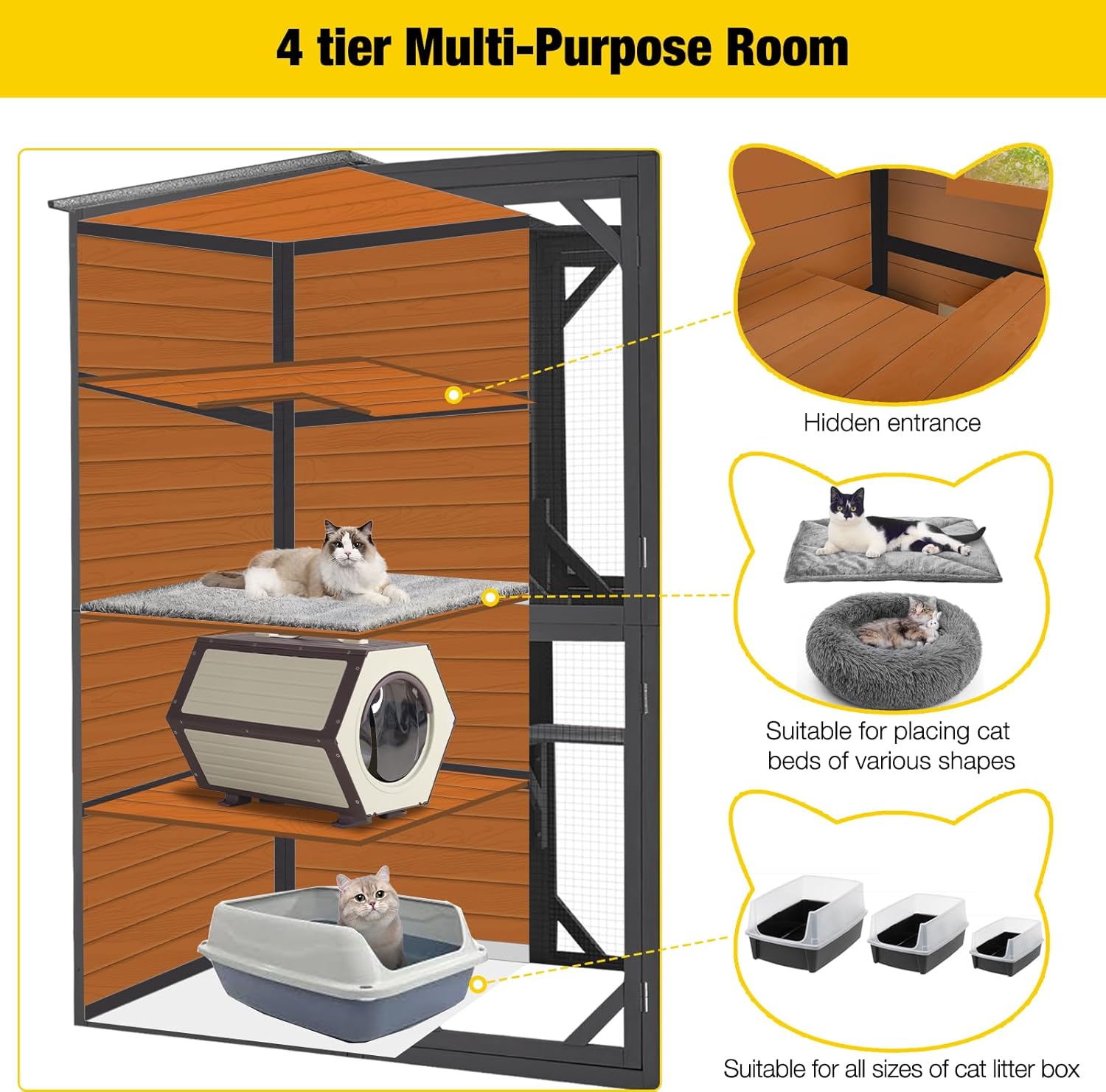 Large Outdoor Cat Enclosure, 4-Tier Catio with Weatherproof Roof, 70 H x 77 L in, Spacious Cat Playpen