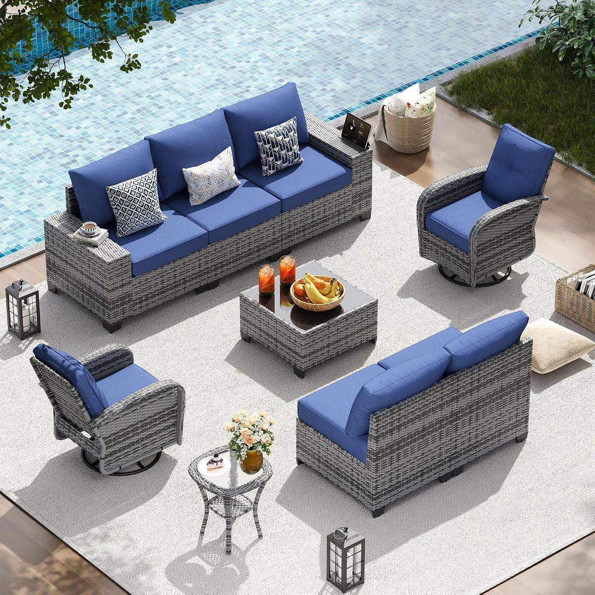 13 PCS Patio Furniture Set with 44'' Fire Pit Table, Outdoor Sectional All Weather Wicker Conversation Set with Swivel Rocker Chairs, 4'' Thick Cushions for Backyard Poolside(Navy/Grey)
