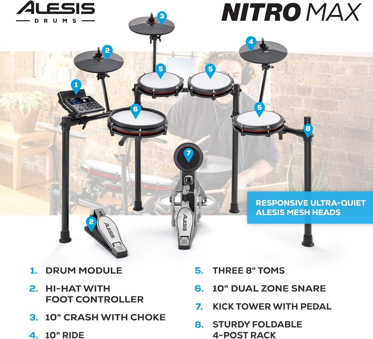 Electronic Drum Set with Mesh Pads and Bluetooth