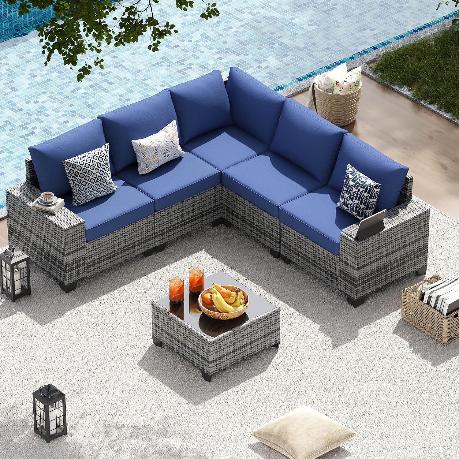 13 PCS Patio Furniture Set with 44'' Fire Pit Table, Outdoor Sectional All Weather Wicker Conversation Set with Swivel Rocker Chairs, 4'' Thick Cushions for Backyard Poolside(Navy/Grey)
