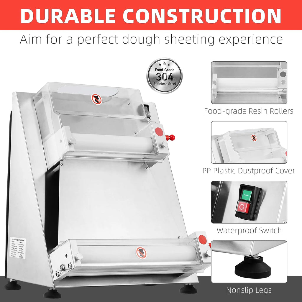 Commercial Pizza Dough Roller Sheeter, 16-Inch Automatic Electric Dough Sheeter with 370W Motor, Stainless Steel Dough Roller for Pizza, Noodles, Bread and Pasta